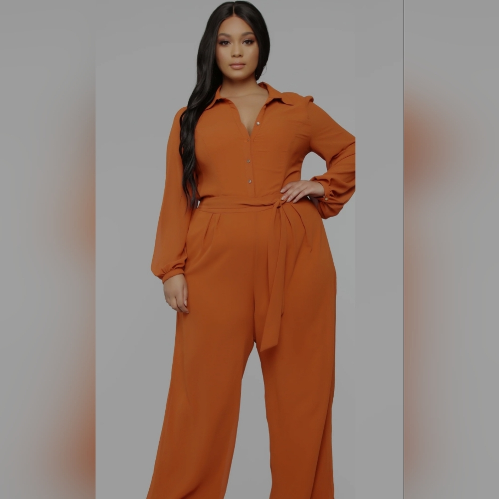 Fashion Nova Orange Jumpsuit with Billowy Sleeves and Wide-Leg Design